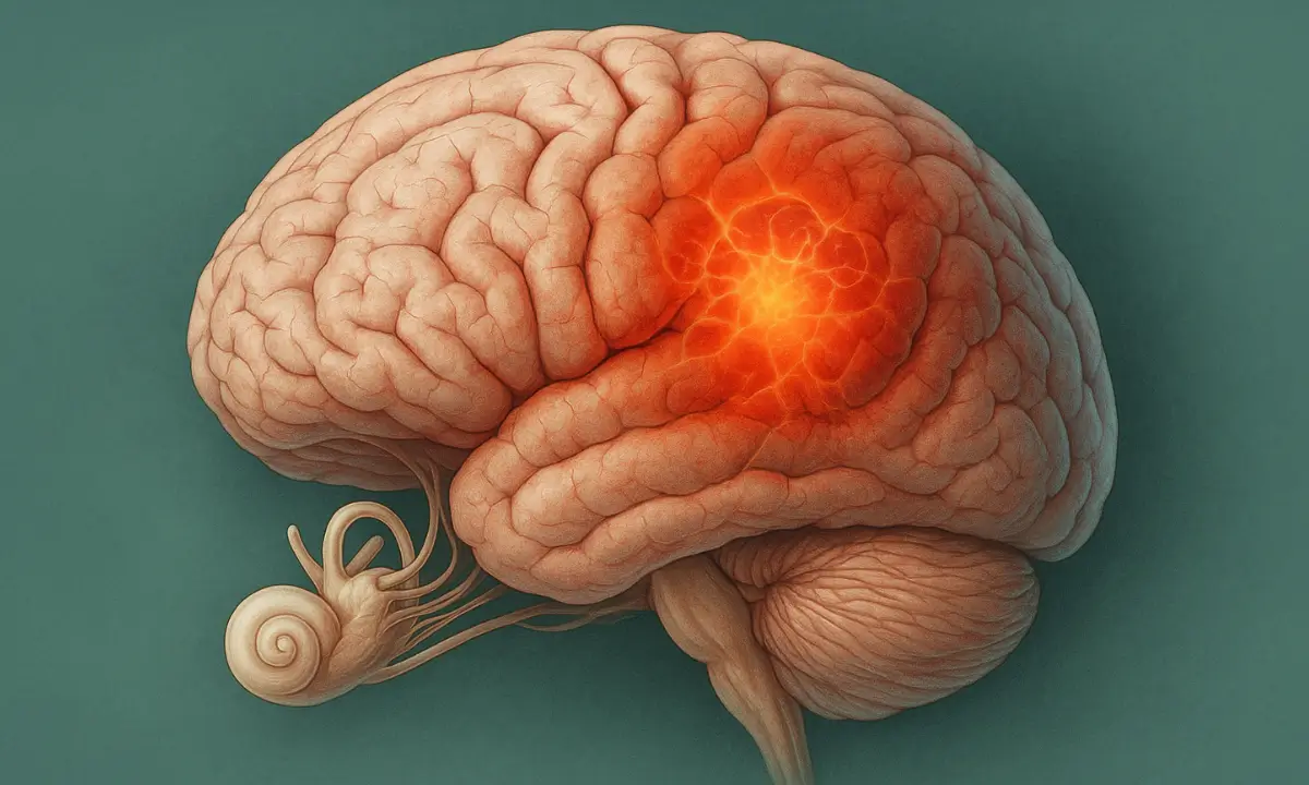 Illustration of brain inflammation affecting hearing perception.
