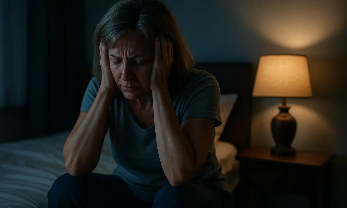 Woman in bed, covering her ears — trying to escape the sound only she can hear.