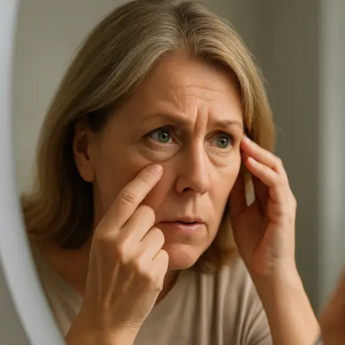 Middle-aged woman with eye discomfort, possibly due to floaters.
