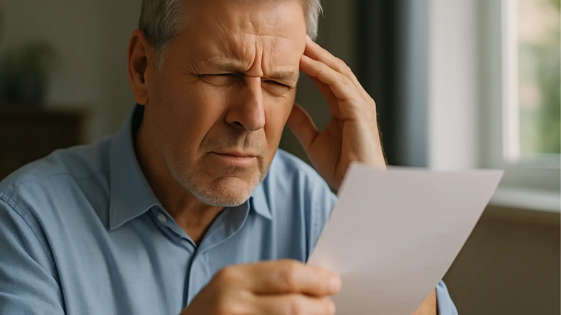 Older man squinting and slightly turning his head, struggling to see clearly while reading a book indoors.